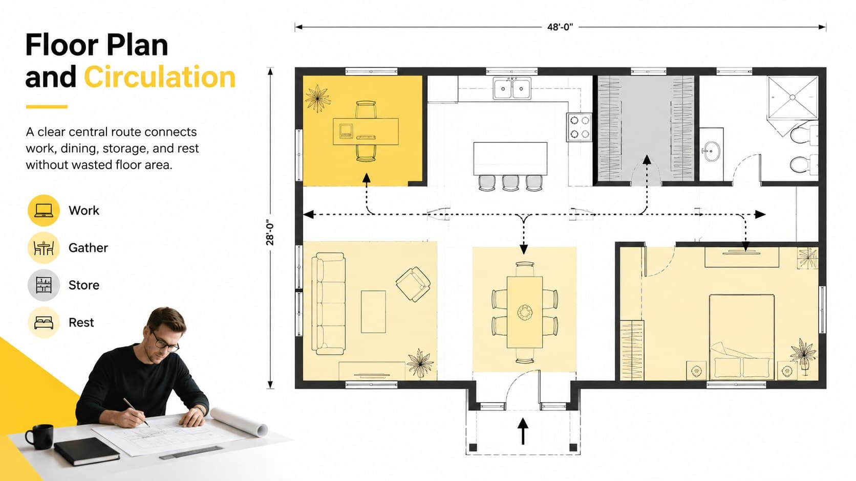 Annotated floor plan slide showing circulation and zones for a compact apartment concept.