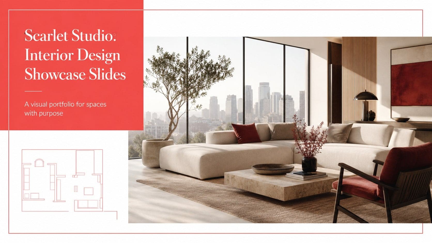 Cover slide introducing interior design showcase slides with a bold red accent and a refined room photograph.