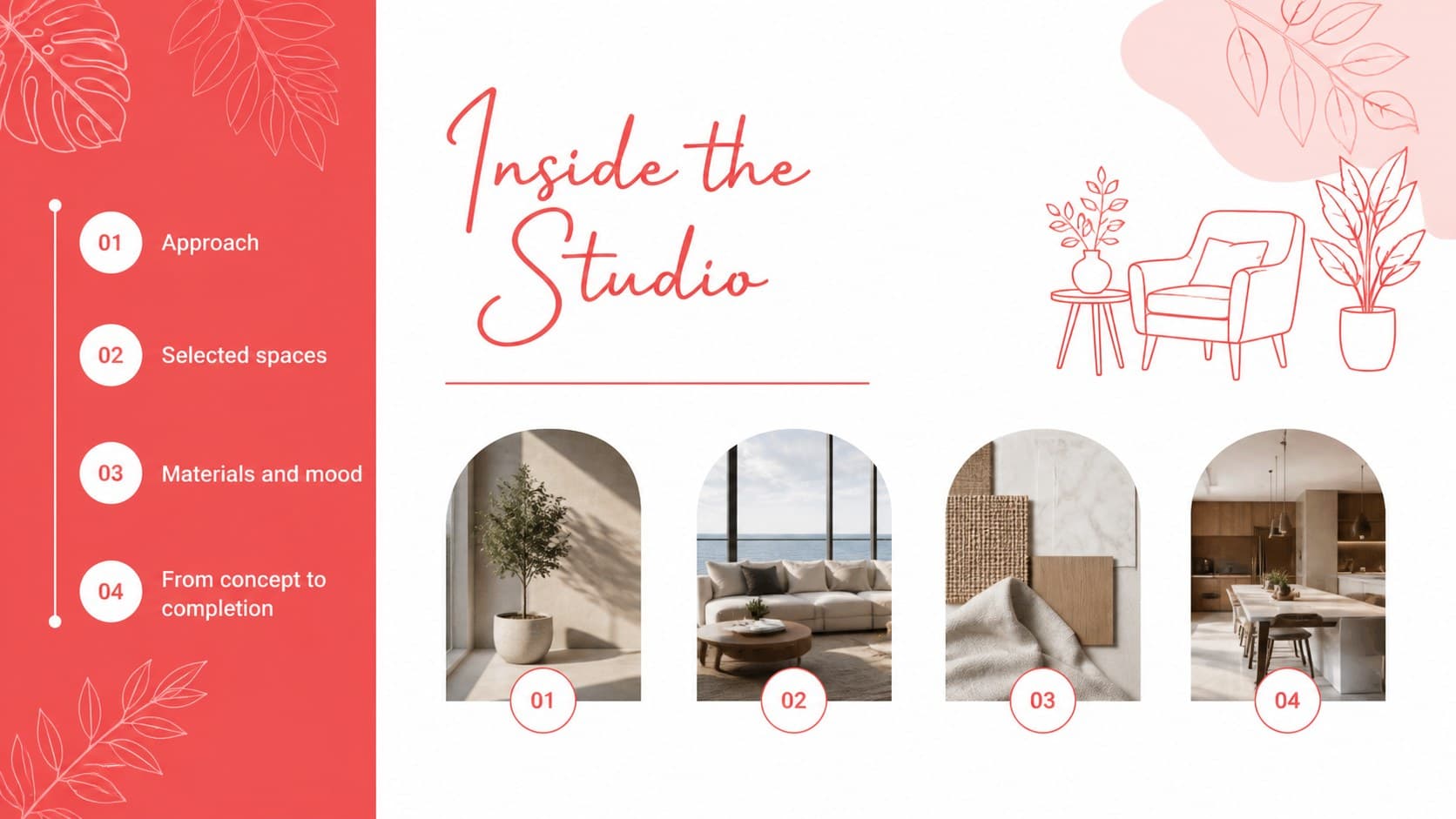 Interior design portfolio presentation agenda showing the studio story, projects, materials, and process.