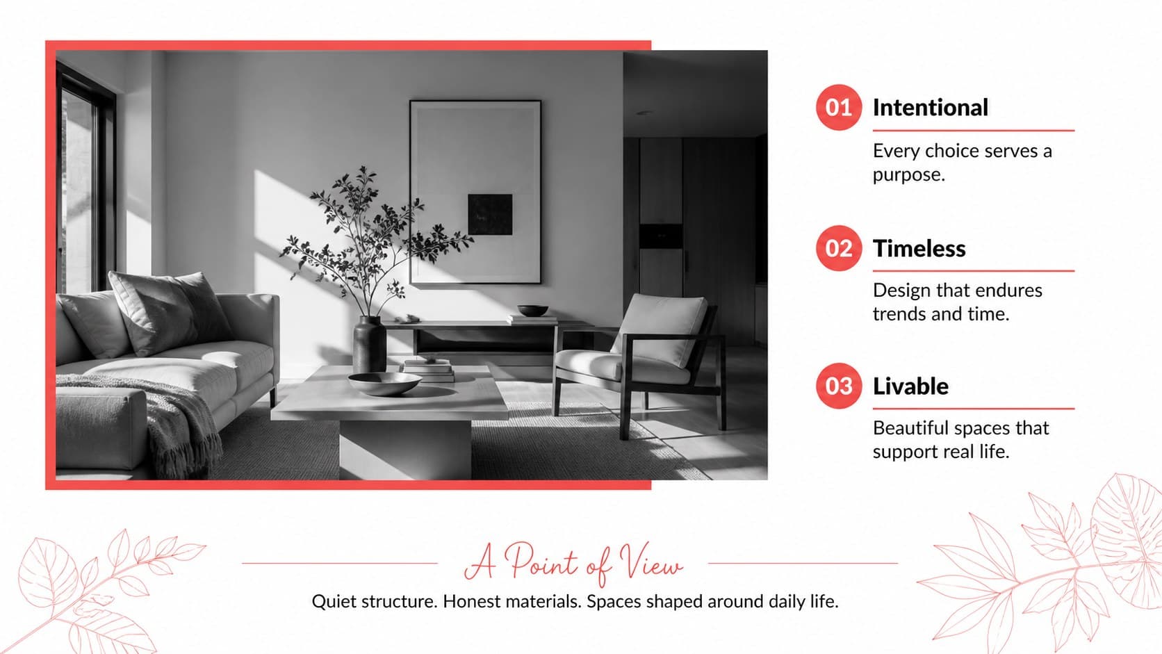Interior design showcase slide outlining a studio approach beside a monochrome architectural image.
