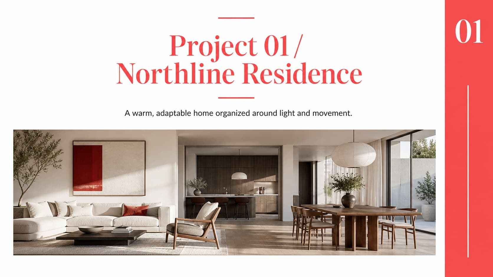 Interior design project introduction layout featuring a red project label and a spacious room image.
