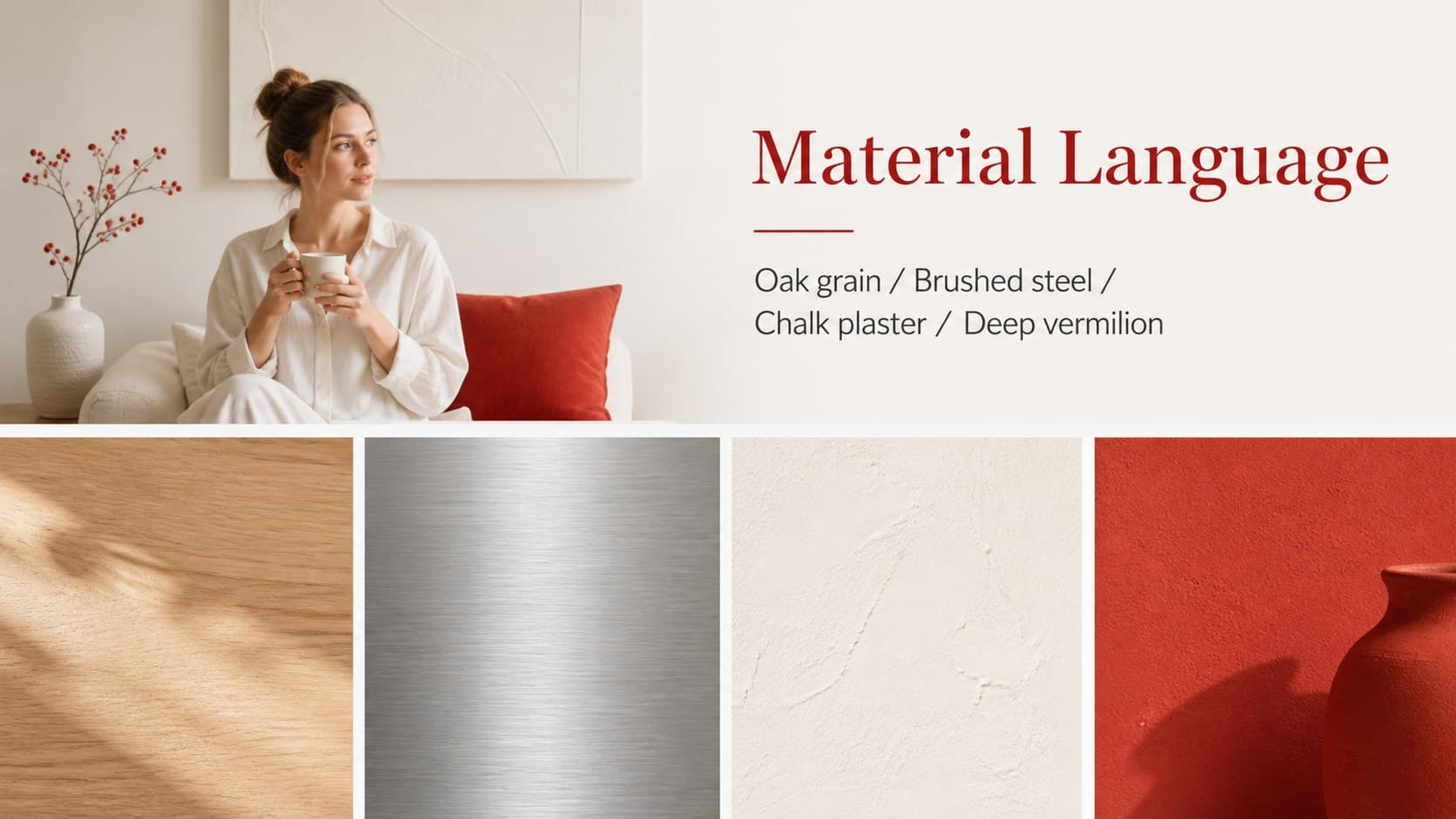 Interior design material palette slide displaying red, white, wood, and stone finish selections.