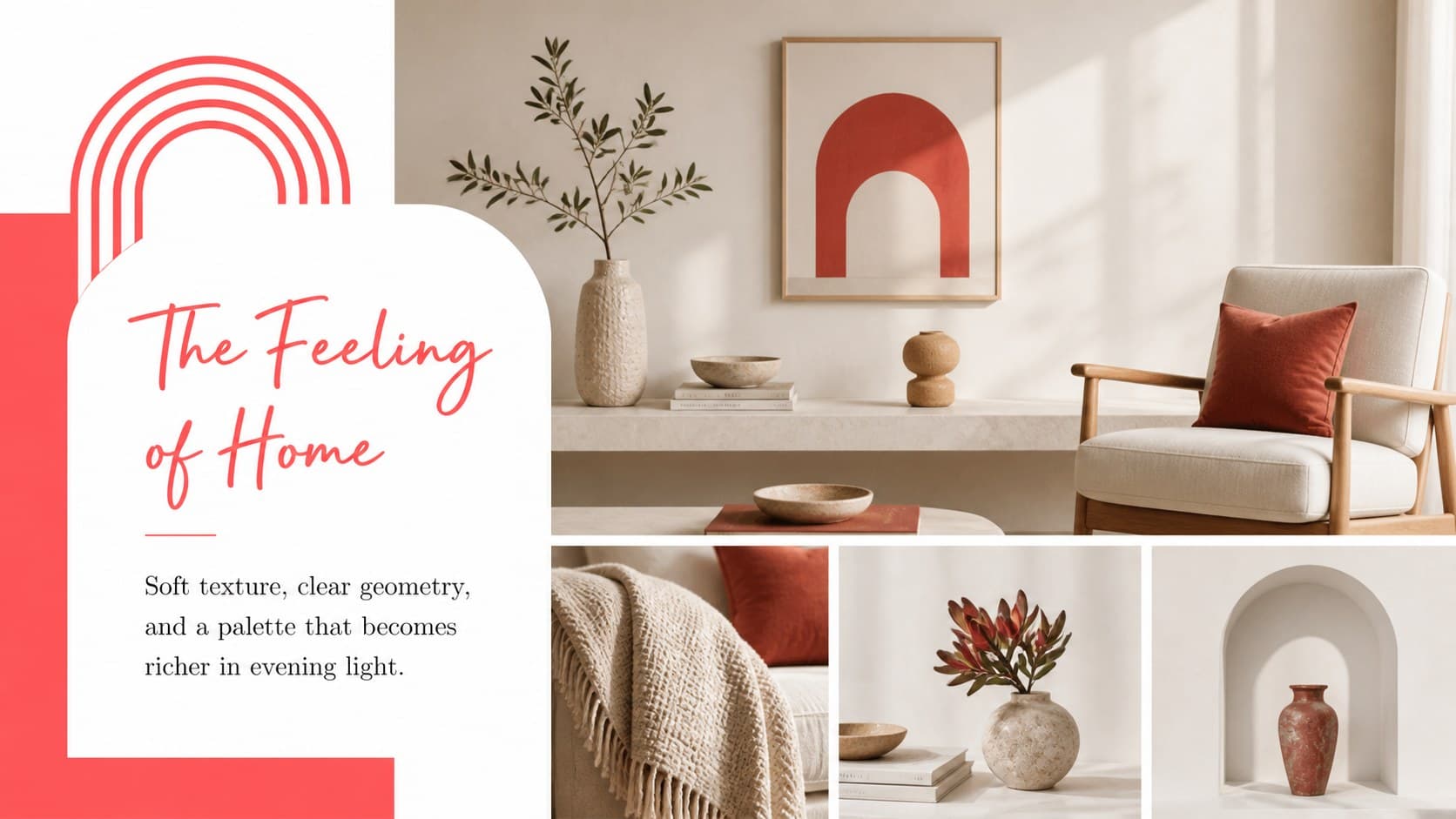 Interior design mood board slide combining fabric, furniture, and architectural detail images.