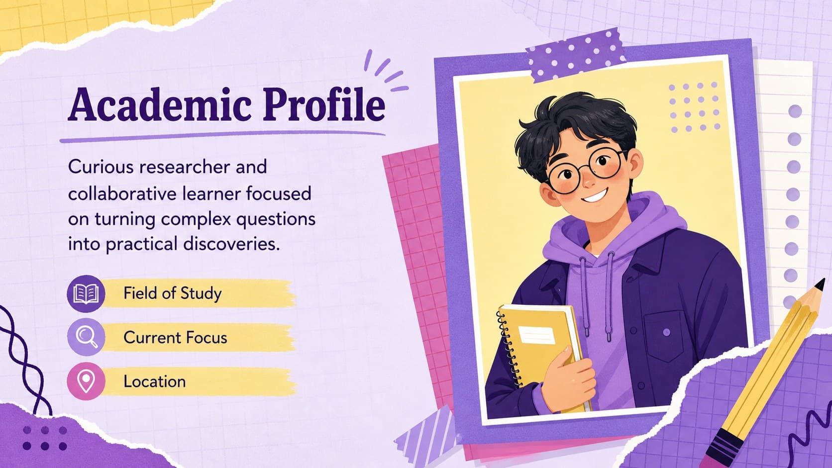 About me layout from an academic CV presentation template with a portrait area and short personal profile.
