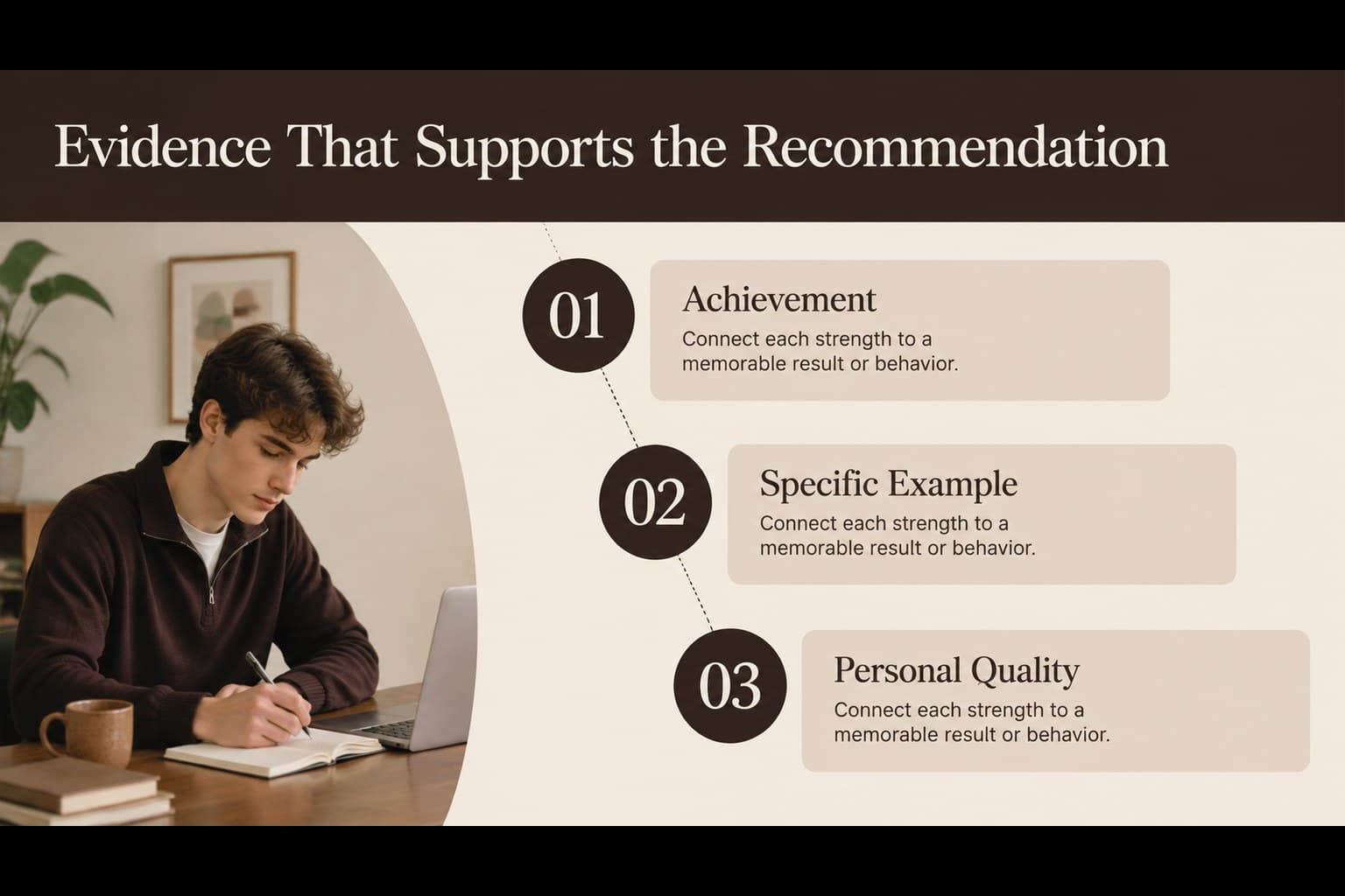Evidence slide organizing scholarship candidate achievements, specific examples, and personal qualities for an academic endorsement deck.