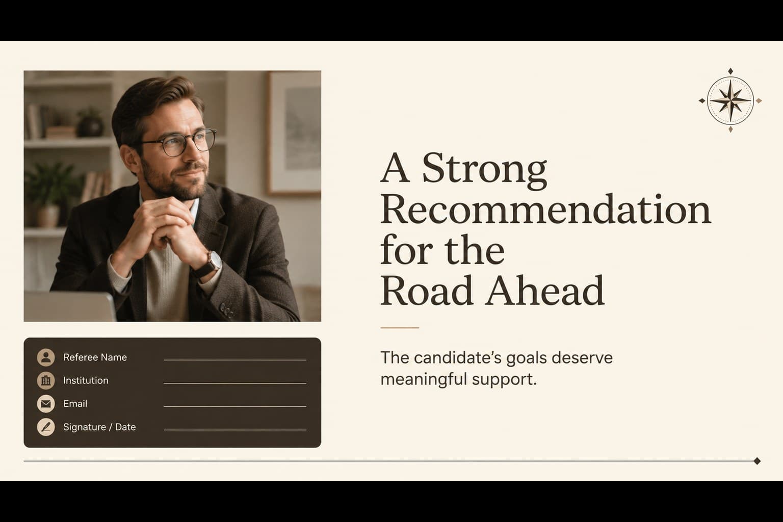 Closing slide for a scholarship recommendation letter deck featuring future goals, referee contact details, and a signature area.