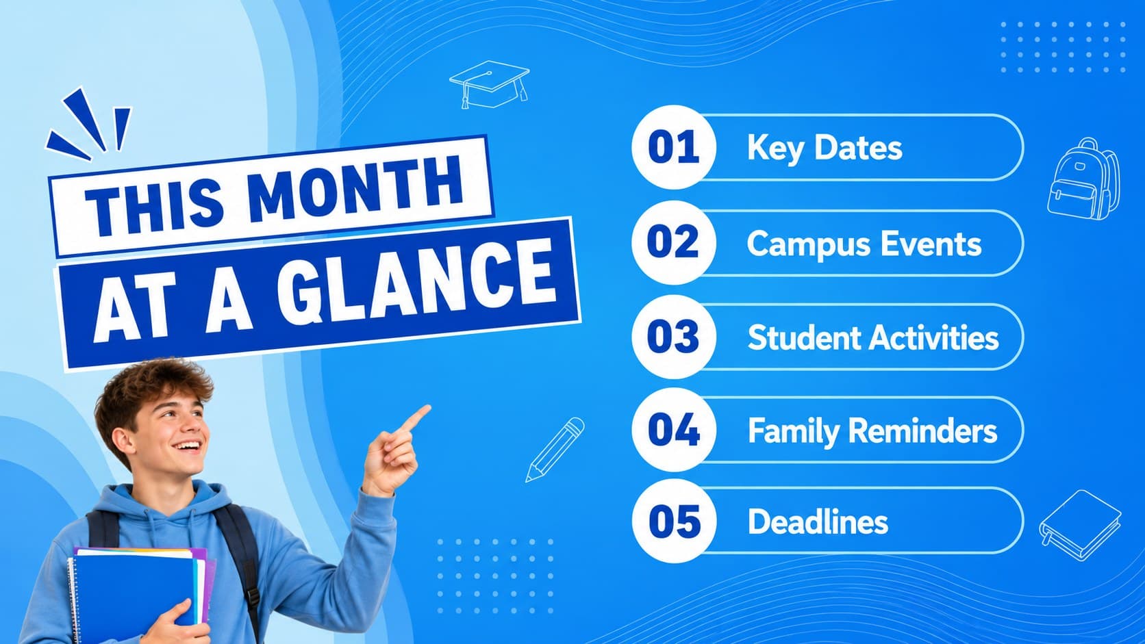 Blue abstract school bulletin overview slide listing calendar sections and communication priorities.