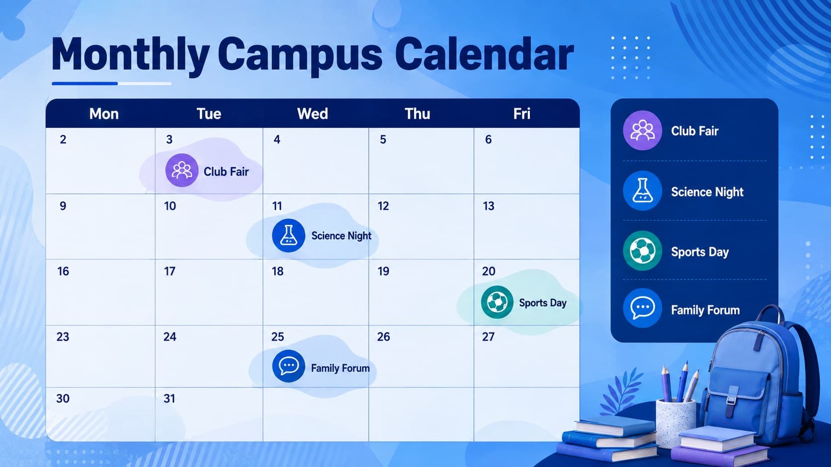 Monthly campus activities bulletin slide showing a clean calendar grid with highlighted school event dates.