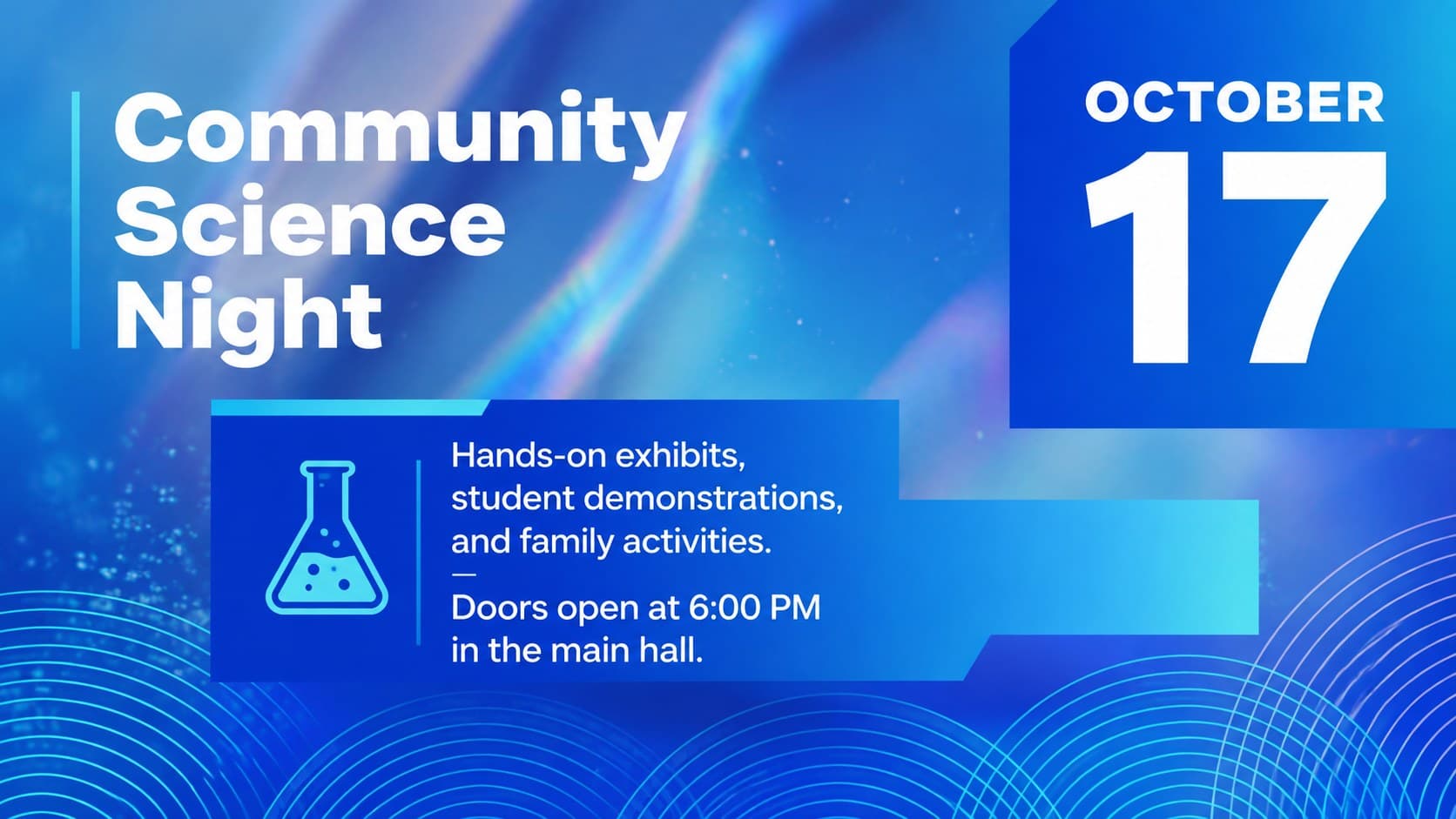 School event announcement slide featuring a prominent date, event details, and a modern blue liquid layout.