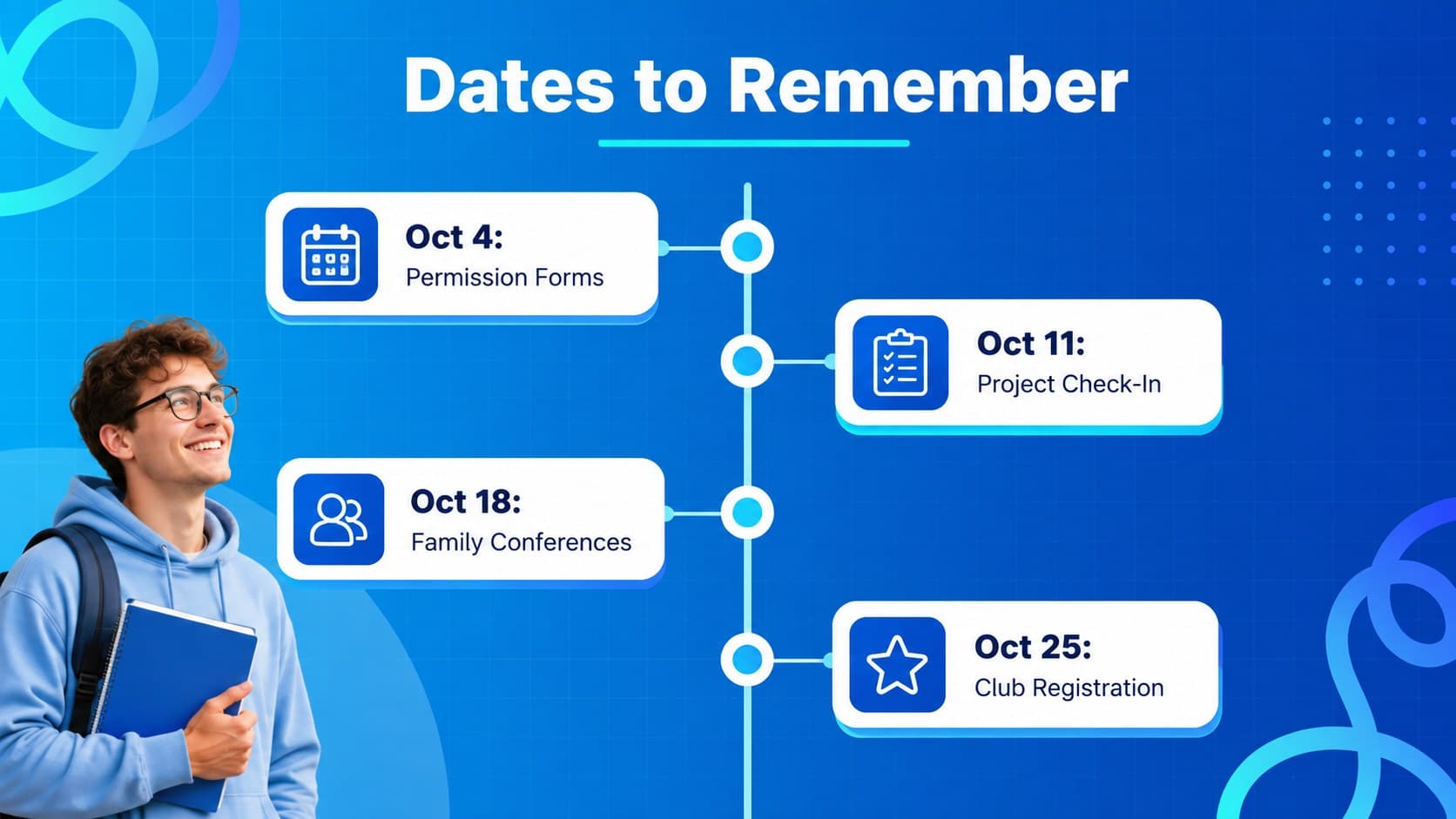 Academic dates presentation template slide with a vertical timeline for deadlines and school milestones.