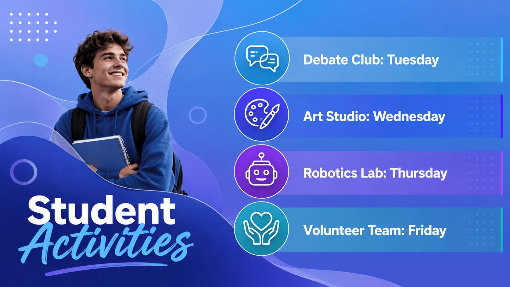 Student activities calendar deck slide presenting four club events in blue geometric schedule blocks.