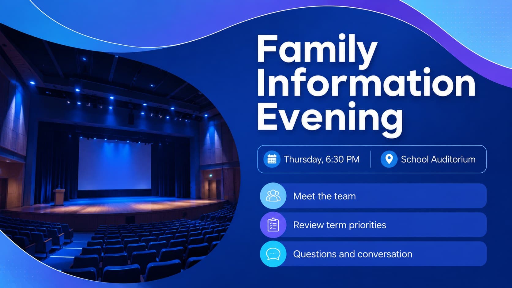 Parent information night slide with time, location, agenda details, and vivid blue abstract accents.