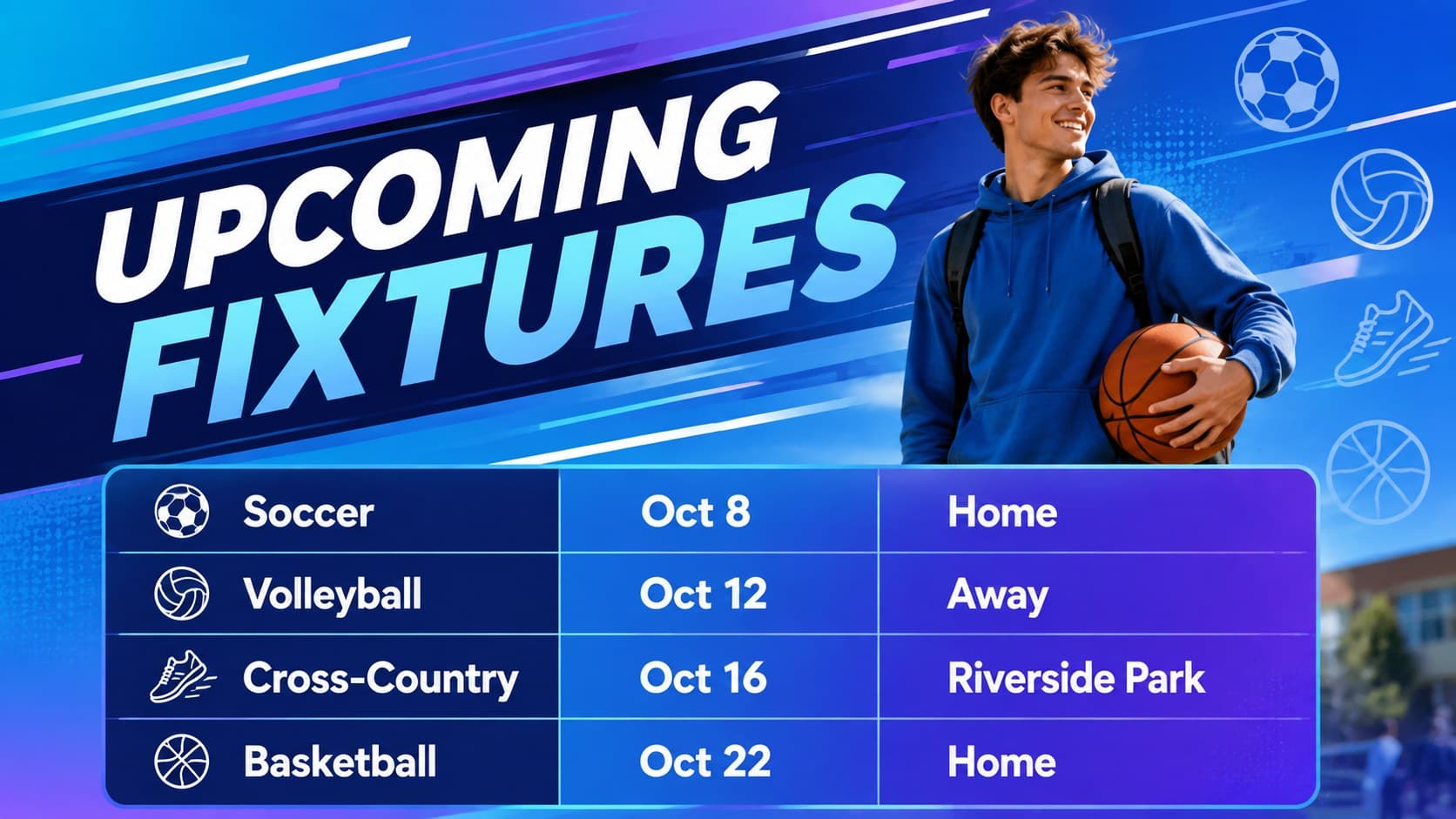School sports schedule slide displaying upcoming fixtures in a clean blue table with energetic wave graphics.