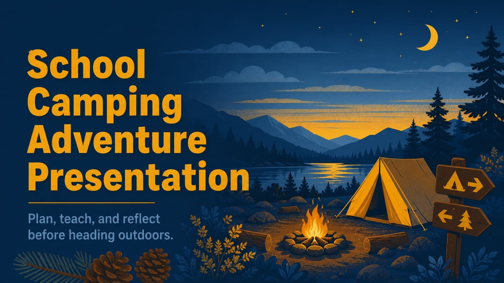 Cover of a School Camping Adventure Presentation with a colorful illustrated campsite and student-friendly storybook styling.