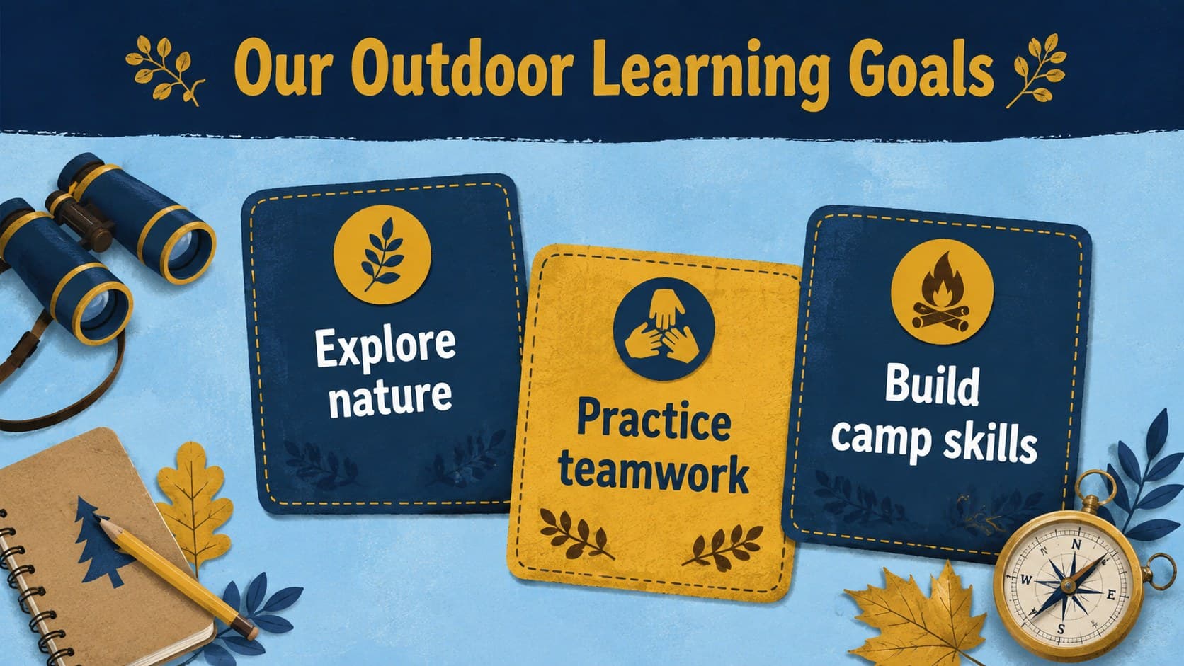 Outdoor education field trip presentation slide introducing camp learning goals with illustrated nature icons.