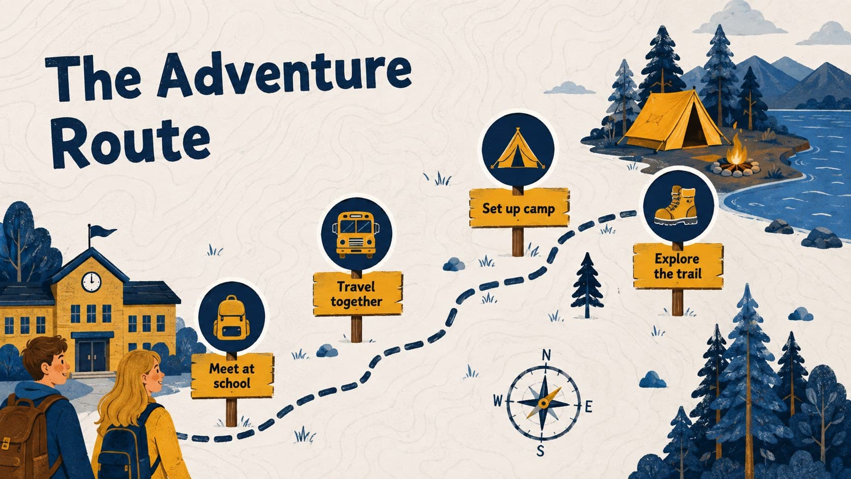 Student camping trip itinerary slide showing a playful illustrated route from school to the campsite.