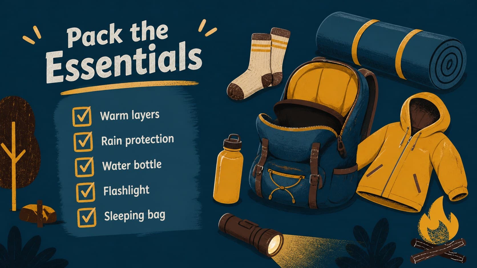 Overnight school camping lesson slide with an illustrated checklist of essential clothing and equipment.