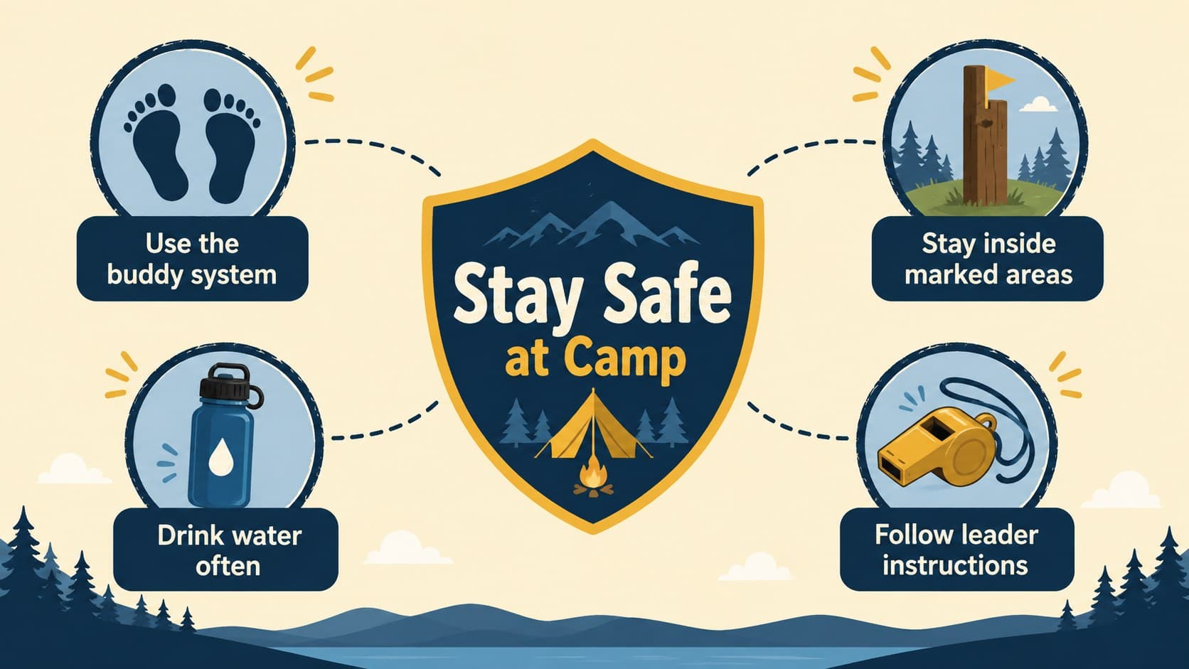 Camp safety presentation for students featuring buddy rules, boundaries, hydration, and leader instructions.
