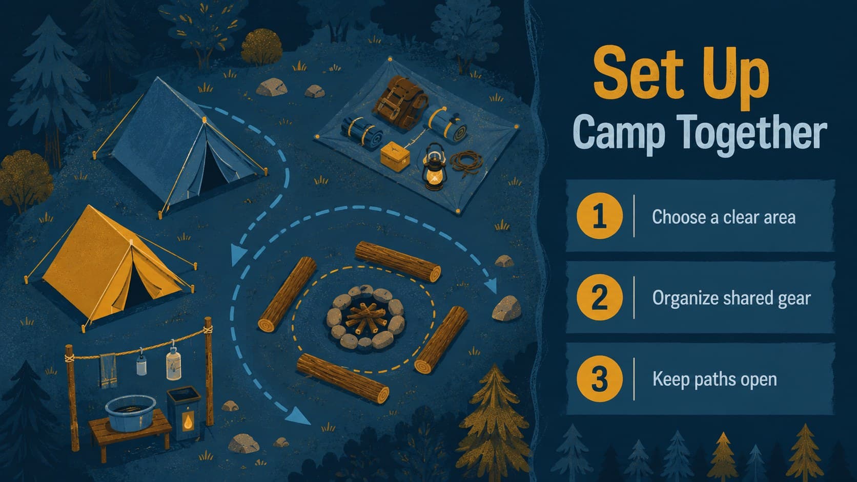 Illustrated camping presentation slide explaining how student groups can organize a campsite.