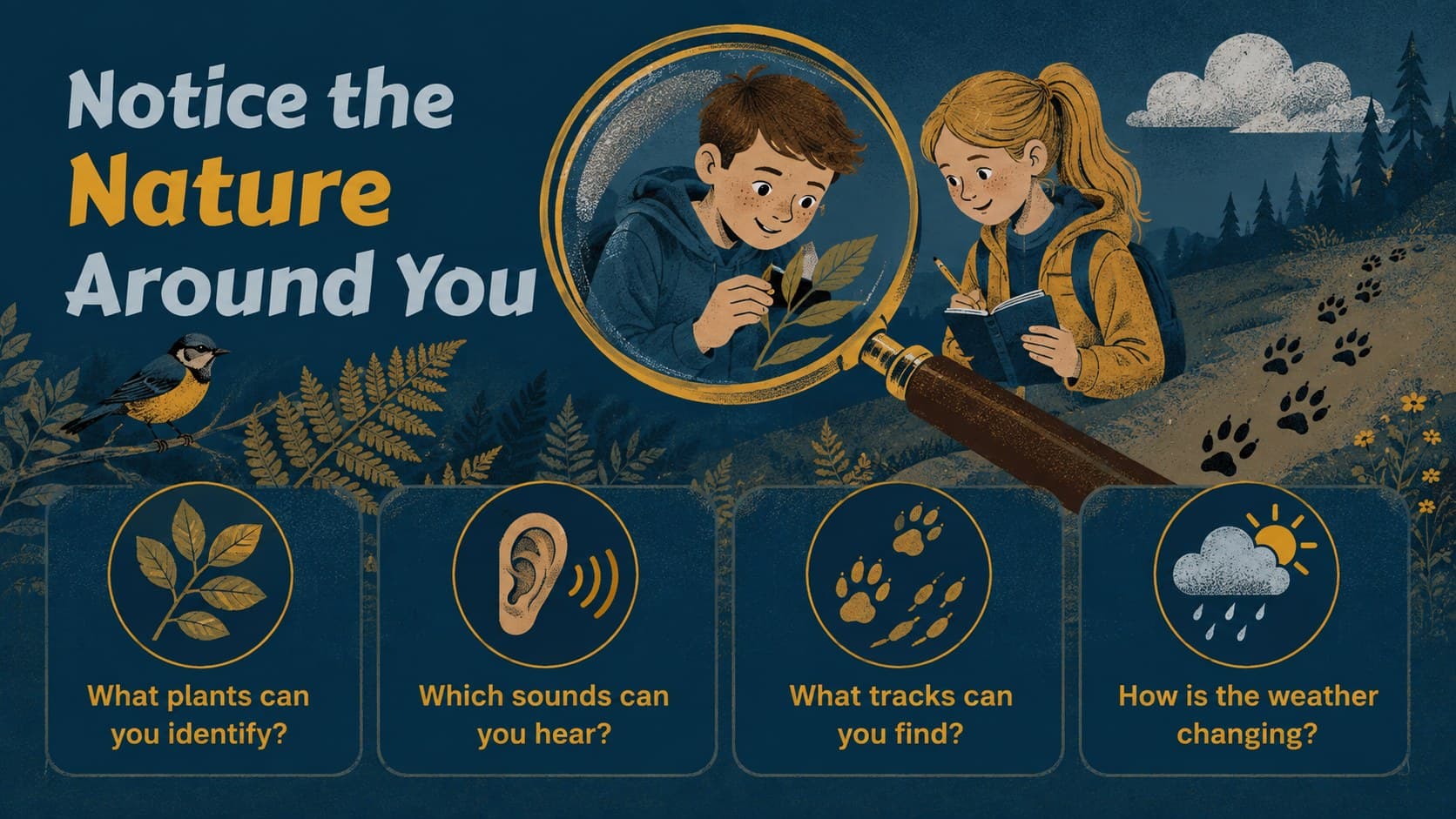 Nature learning slide with illustrated prompts for observing plants, animals, sounds, and weather.