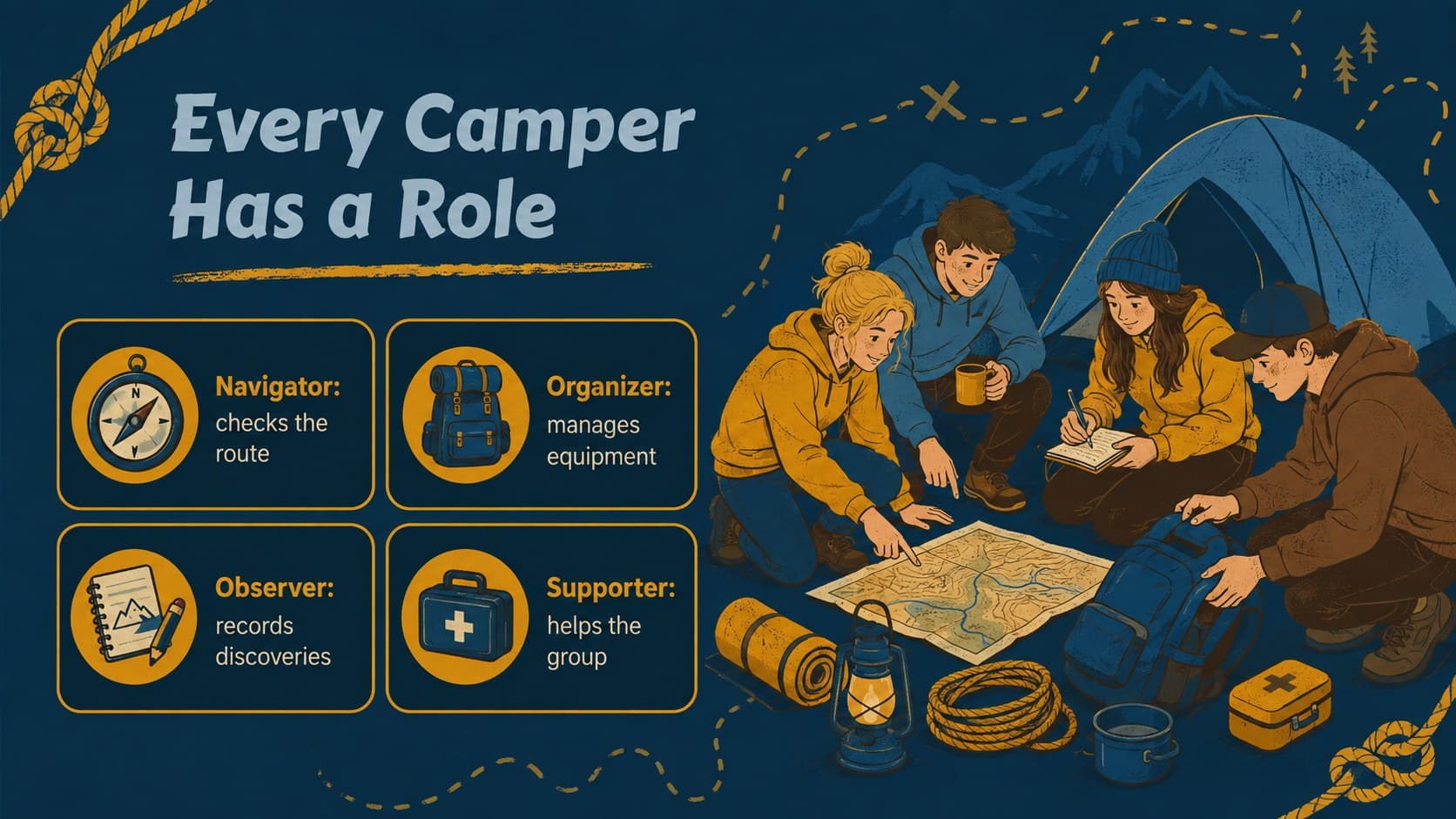 Classroom outdoor adventure deck slide presenting teamwork roles for a student camping group.