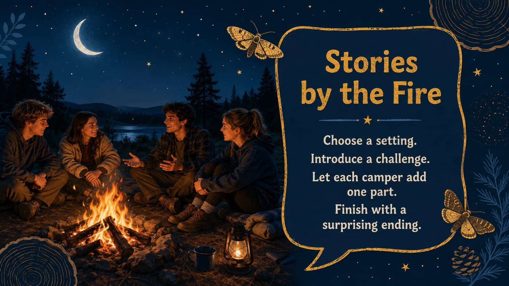 Storybook camping PowerPoint template slide with prompts for sharing original tales around a campfire.