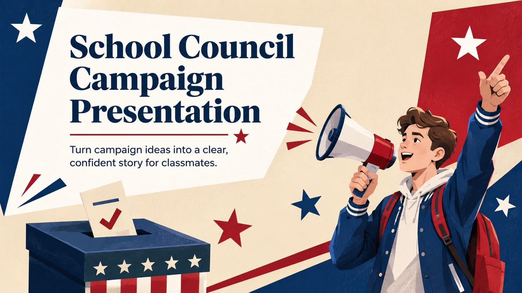 Cover of a School Council Campaign Presentation with bold campaign illustrations in red, white, blue, and beige.