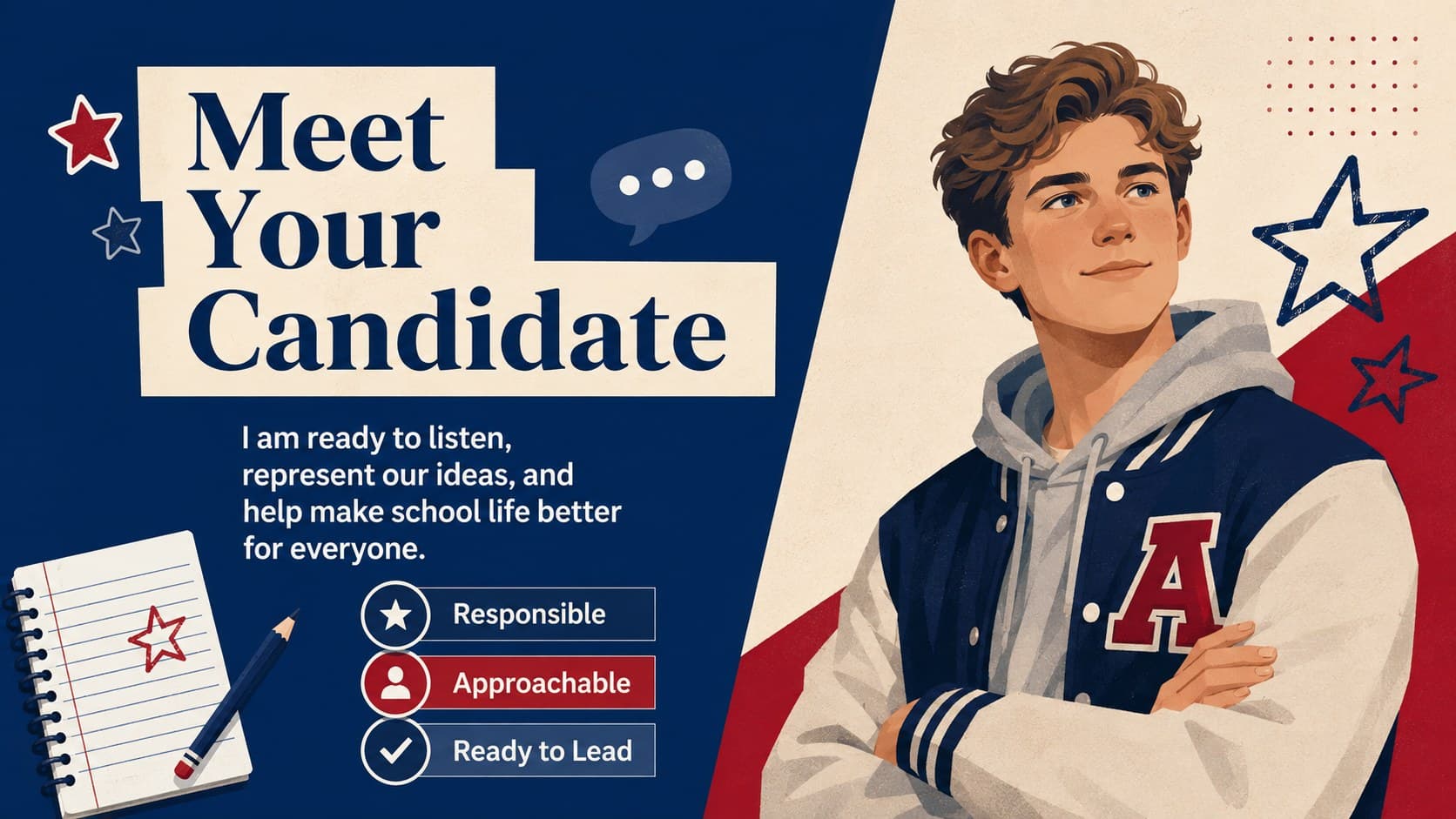 Student council candidate introduction slide featuring a portrait area, personal qualities, and a short campaign message.