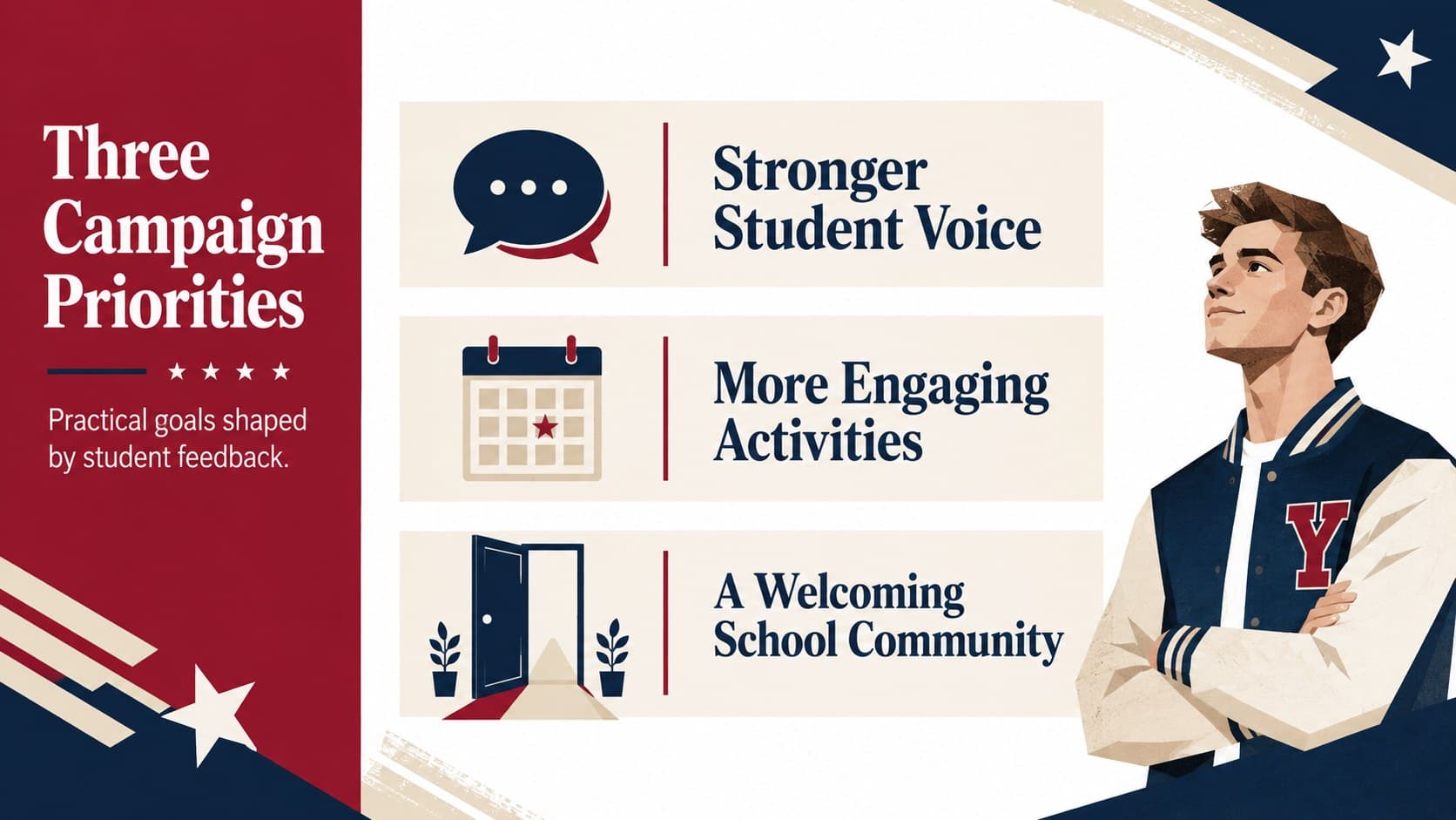 Class president campaign slide deck layout presenting three priorities for school life and student activities.