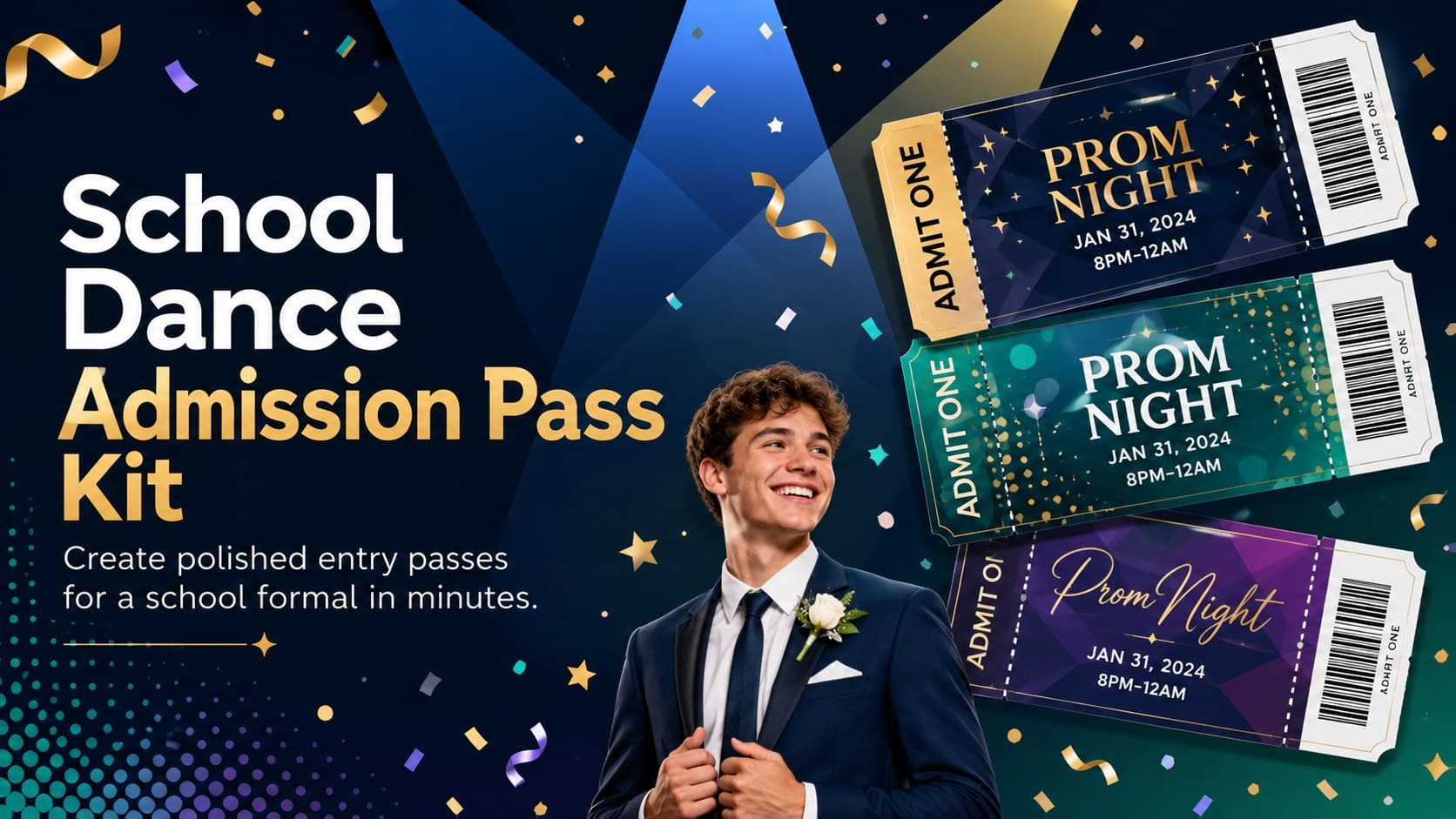 Colorful cover for the School Dance Admission Pass Kit featuring modern formal-event graphics and elegant typography.