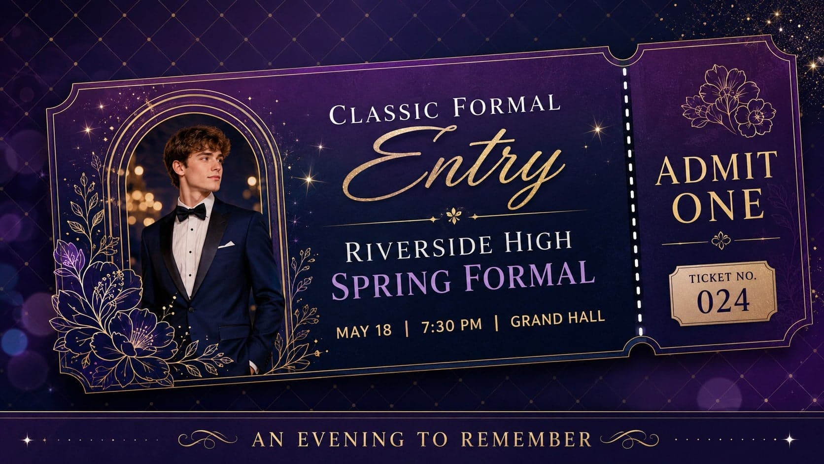 Elegant high school formal entry ticket template with editable date, venue, admission, and ticket-number fields.