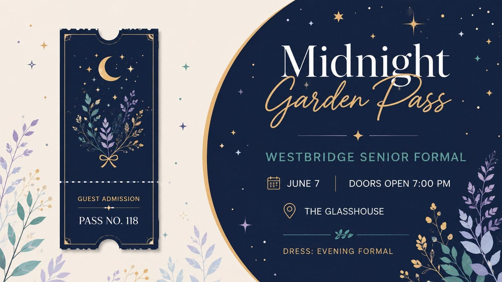 Colorful dance ticket design for a midnight garden formal with clear guest and venue information.