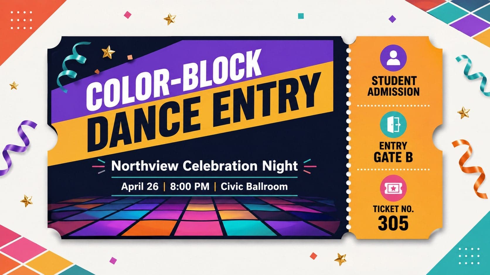 Printable student event pass with bold color blocks, admission details, and a detachable check-in stub.