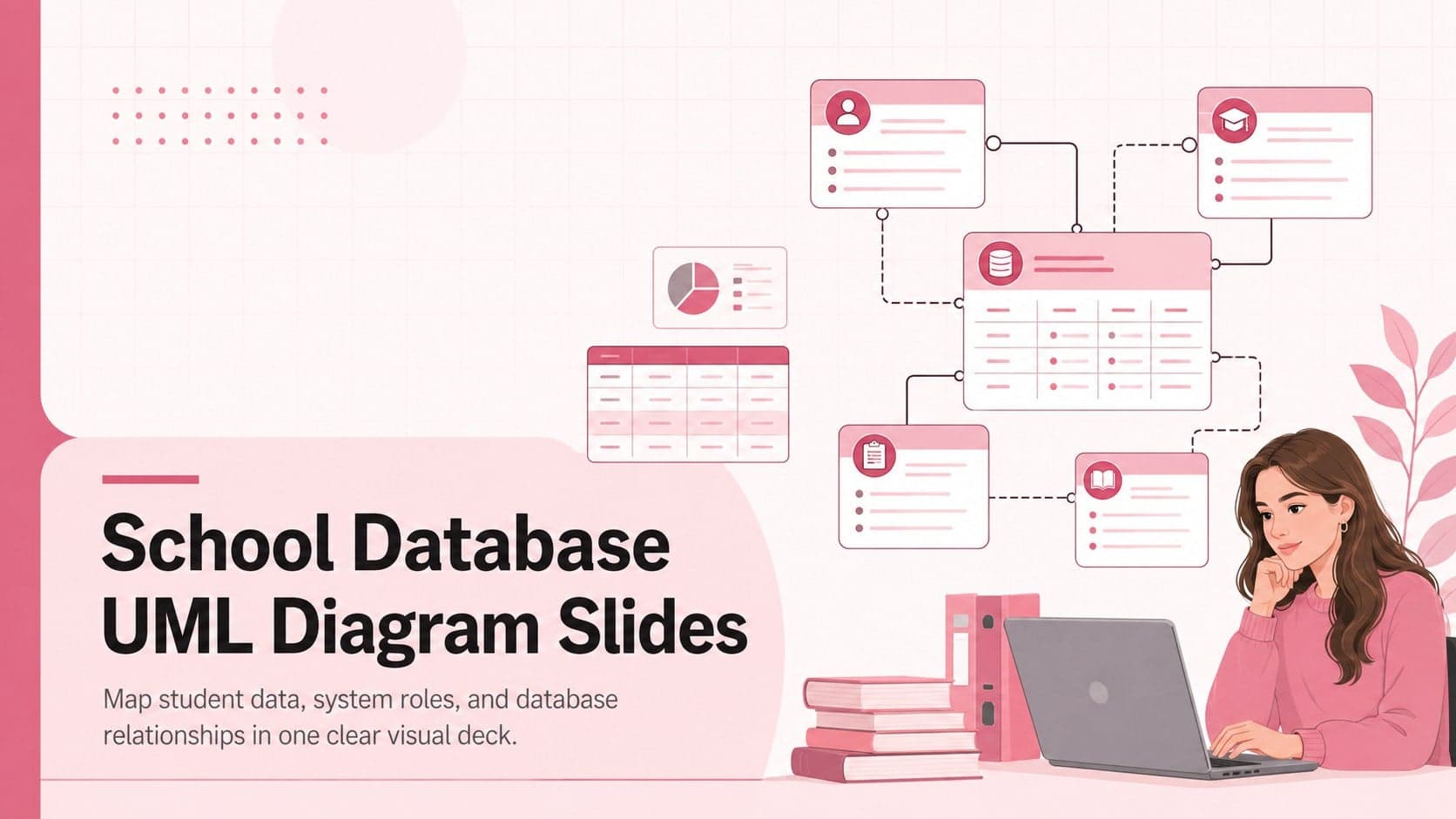 Pink cover for School Database UML Diagram Slides with abstract database nodes and academic record symbols.