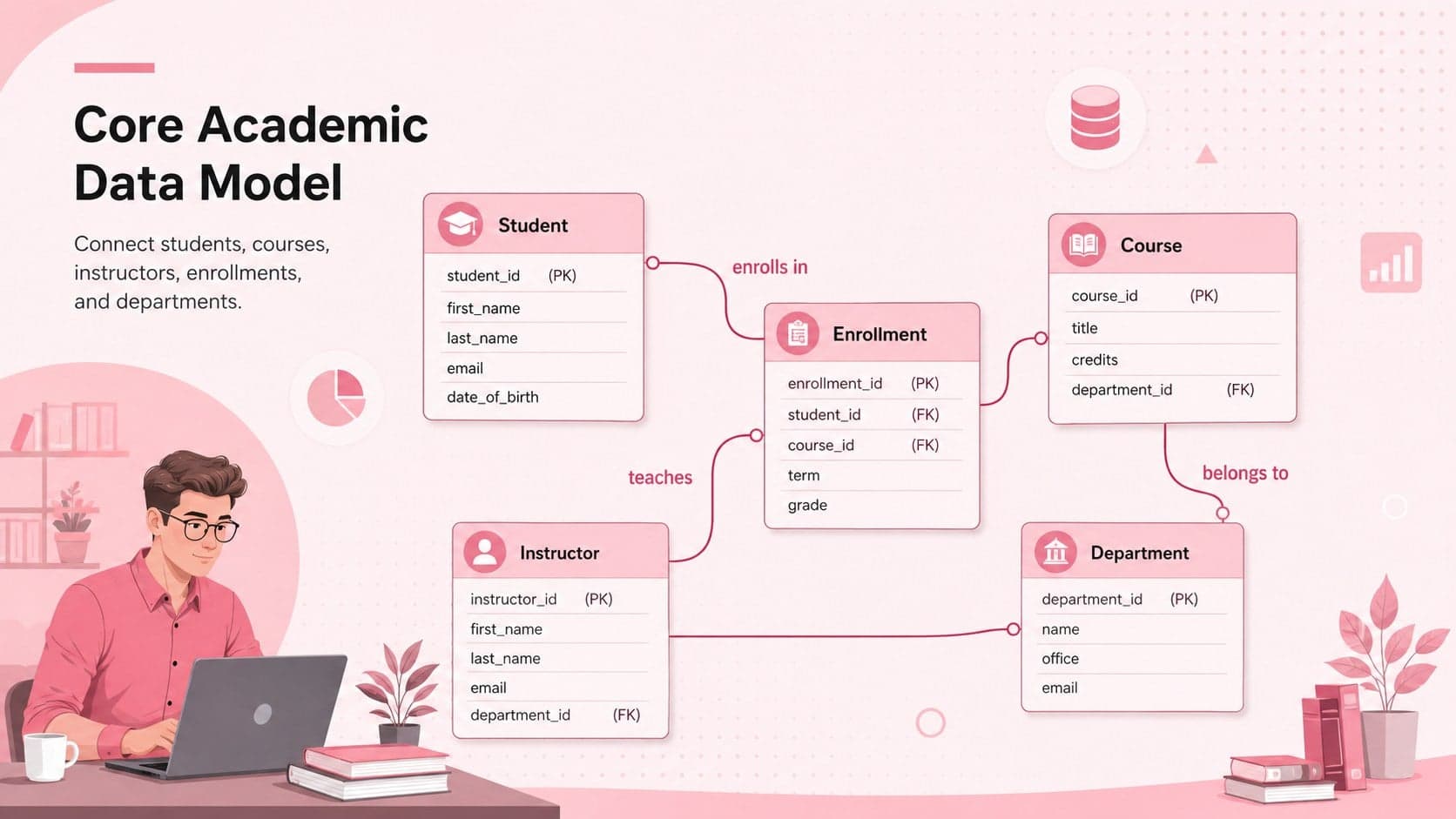 Editable education UML slide showing relationships among students, courses, instructors, enrollments, and departments.