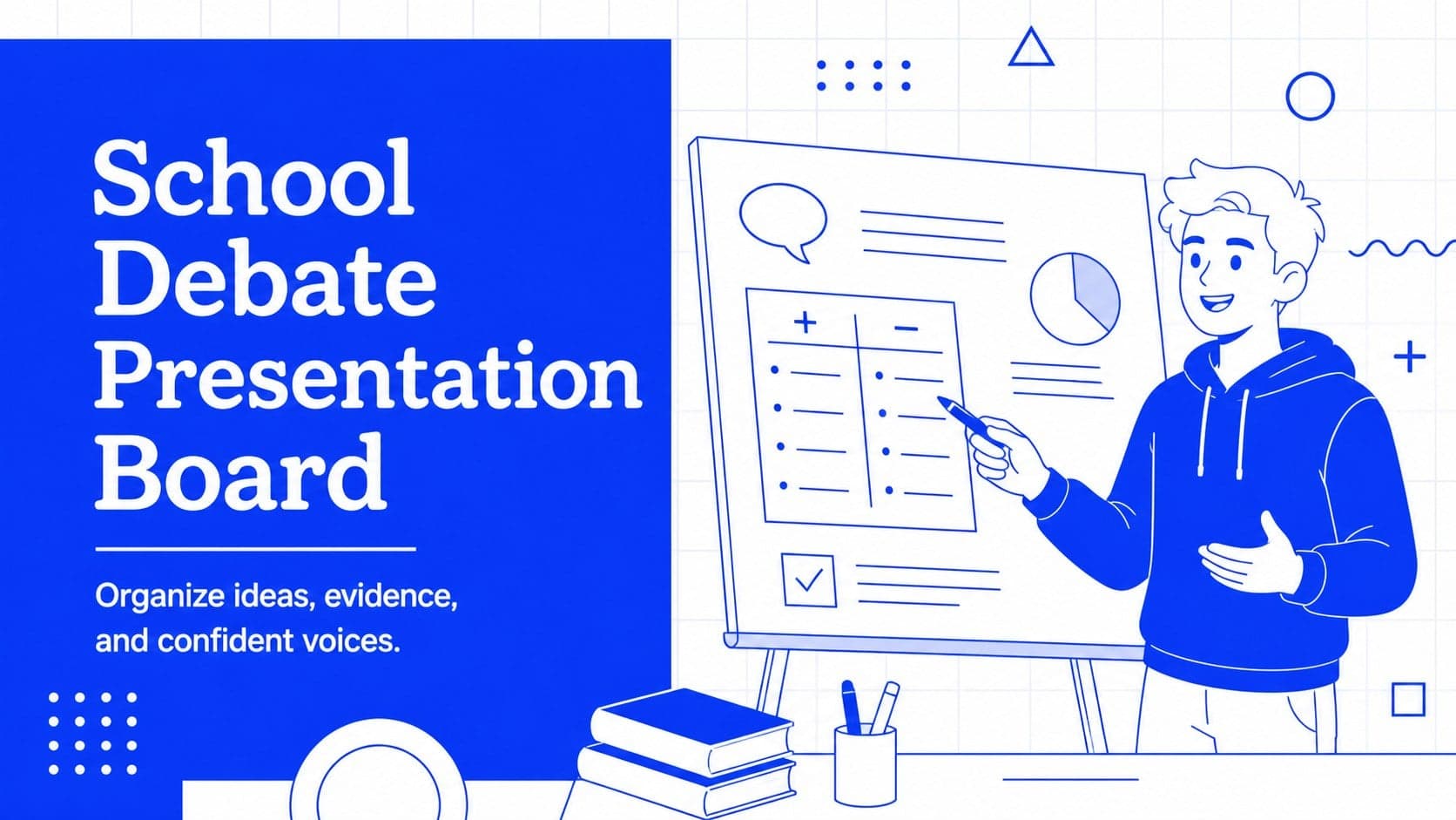 Blue-and-white cover slide for a school debate presentation with an illustrated classroom discussion scene.
