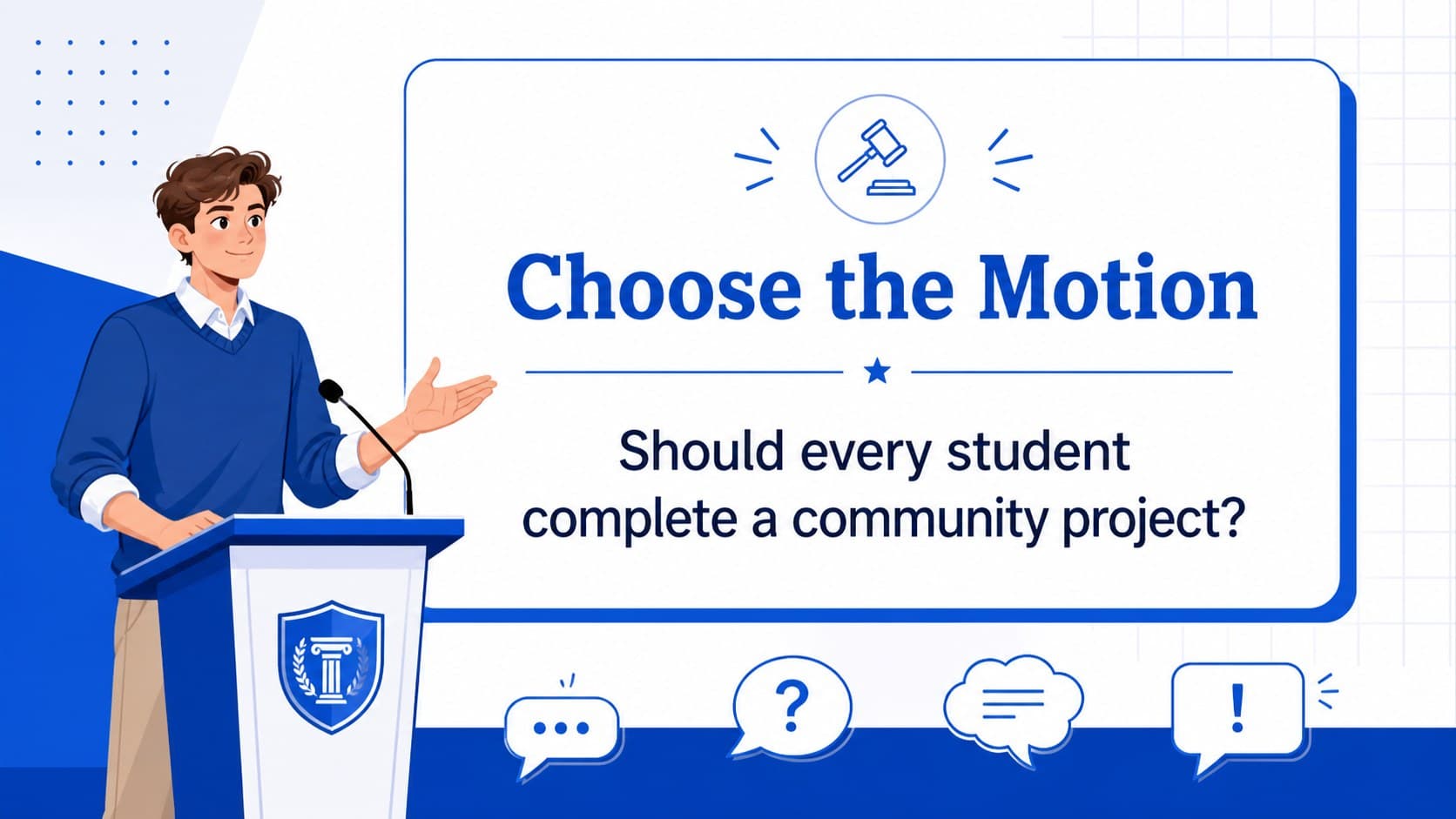 Illustrated school debate presentation slide introducing a motion with blue speech bubbles and notes.