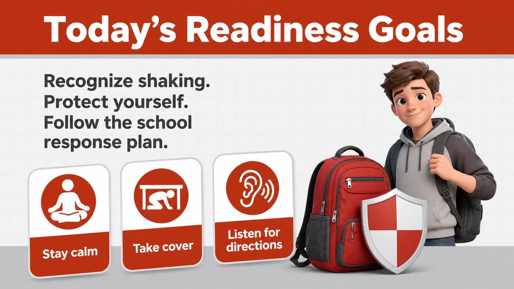 Earthquake readiness overview slide presenting the goals of a school safety lesson.