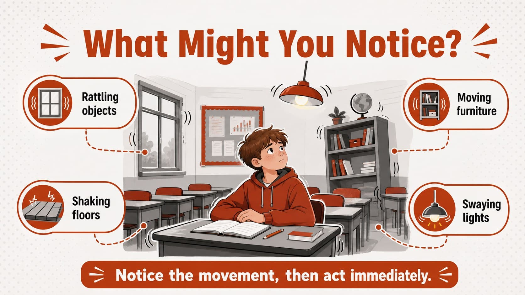 Classroom earthquake preparedness slide explaining what students may notice during shaking.