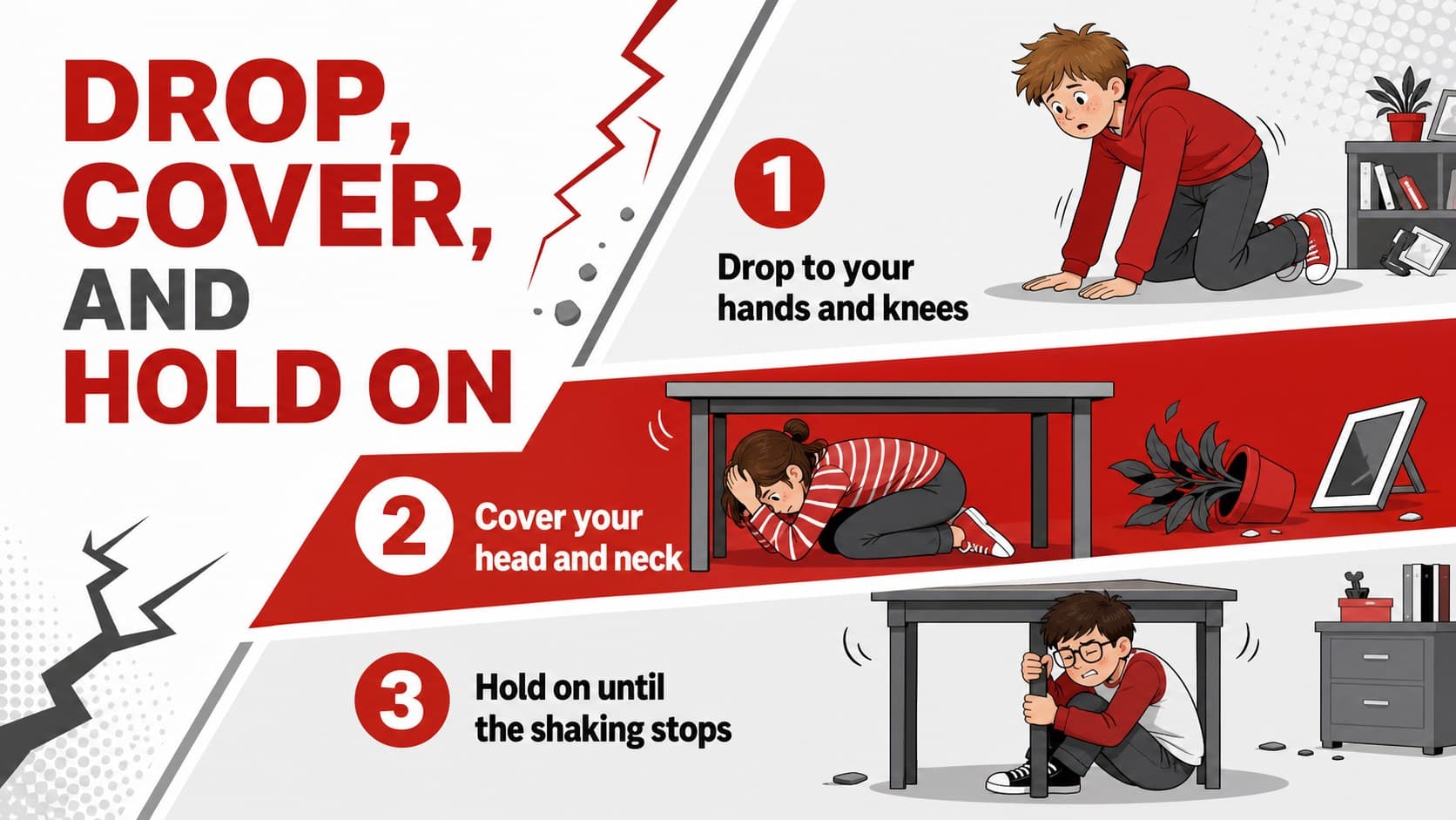 Drop Cover and Hold lesson slide showing three earthquake safety actions for students.