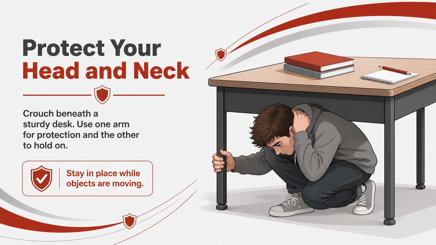 Illustrated student safety slide showing how to protect the head and neck during an earthquake.