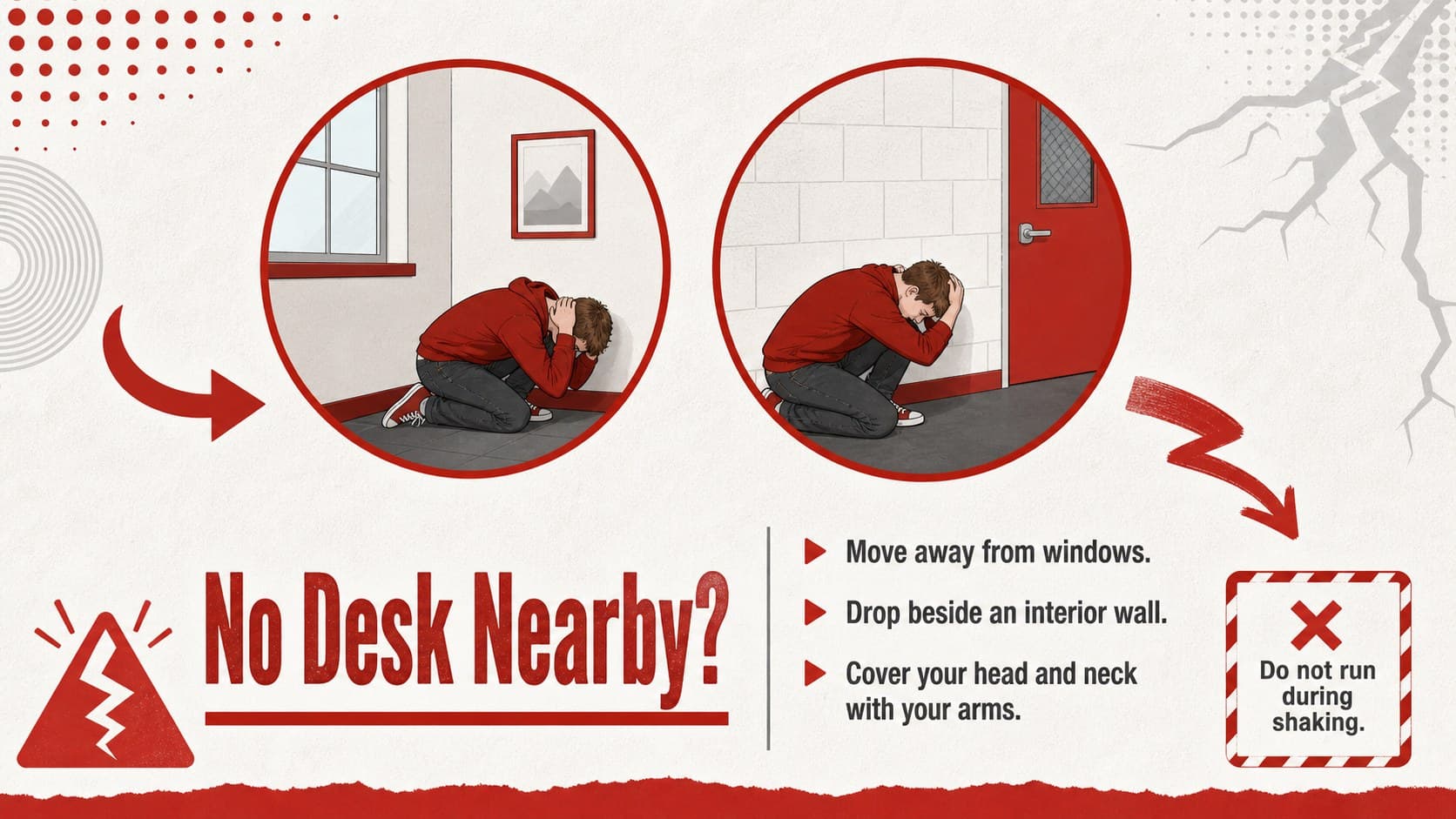 Earthquake response slide outlining what students should do when no desk is nearby.