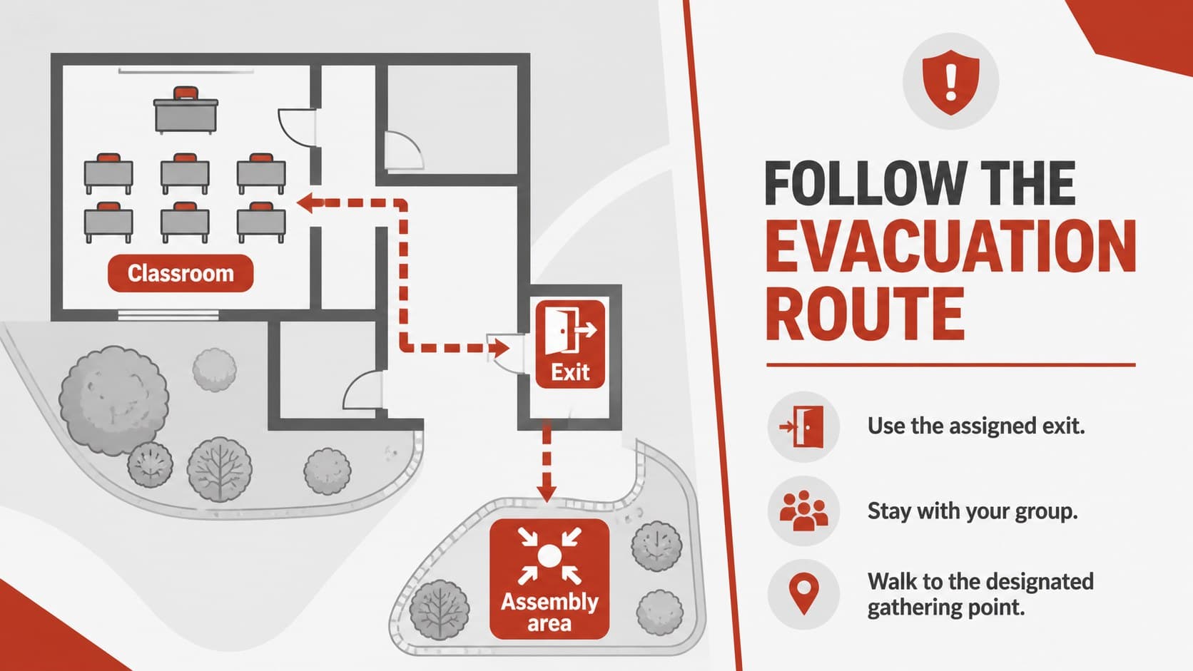 School evacuation drill training slide with an editable route and assembly point diagram.