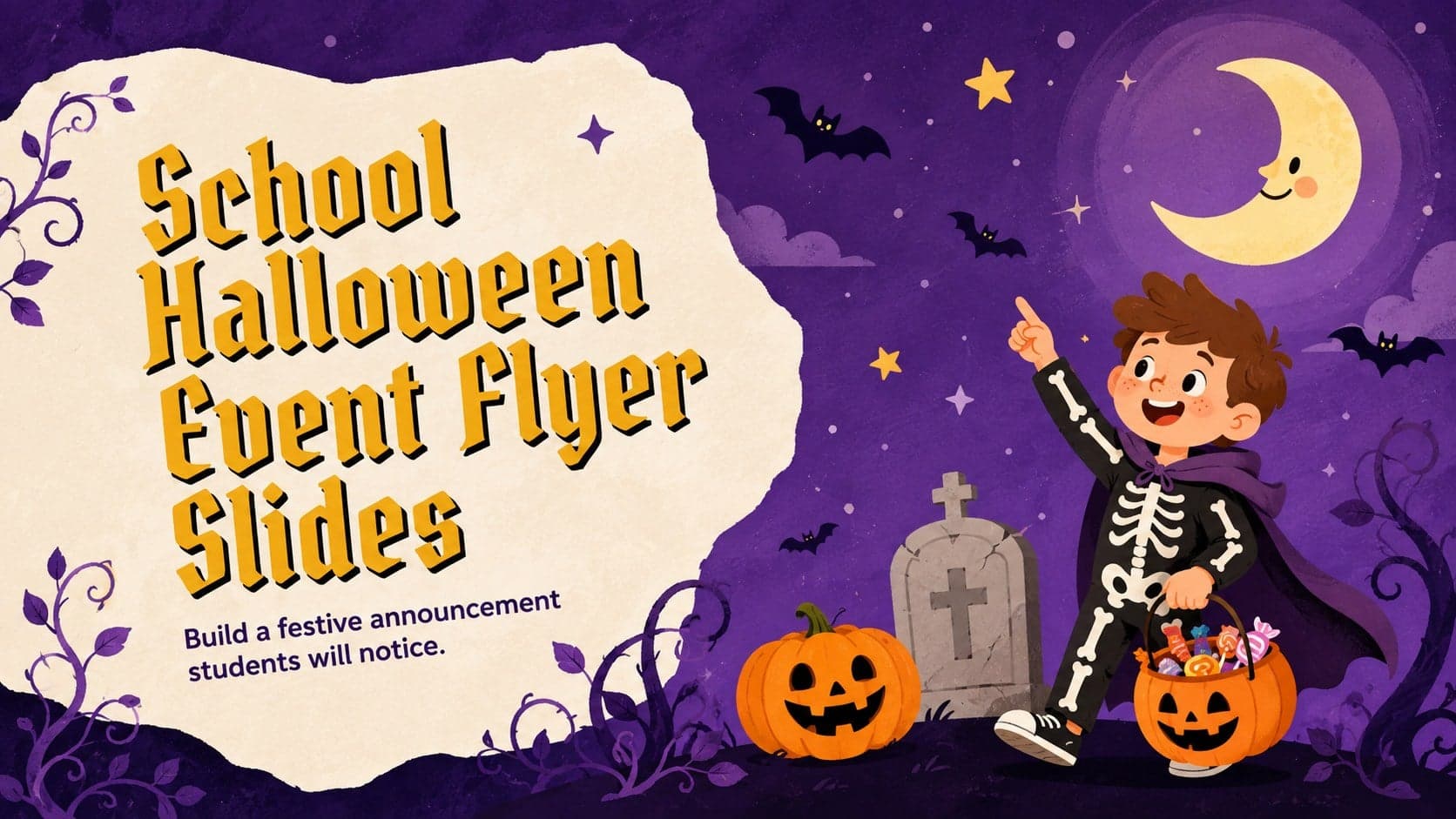 Purple school Halloween event flyer cover with playful spooky illustrations and bold student-friendly lettering.