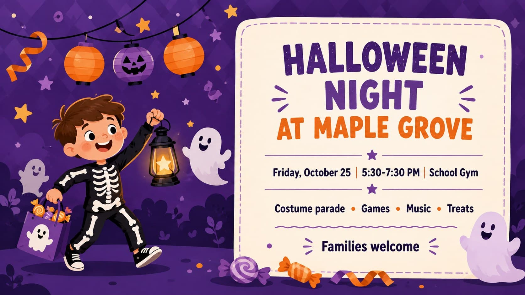 Editable Halloween school flyer displaying costume party details, activities, date, time, and location.