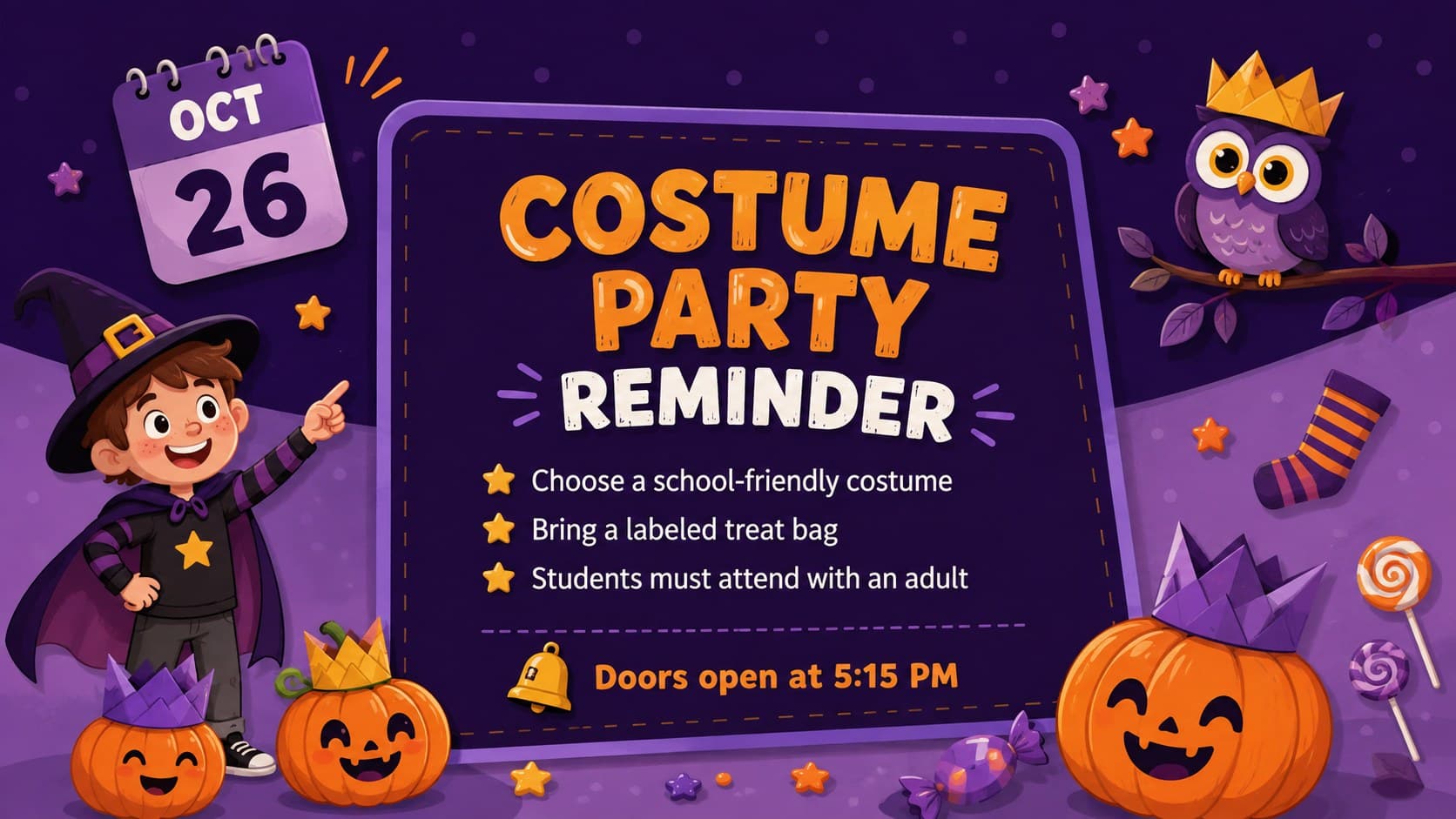 Student Halloween party reminder slide with costume guidance, family information, and playful purple graphics.