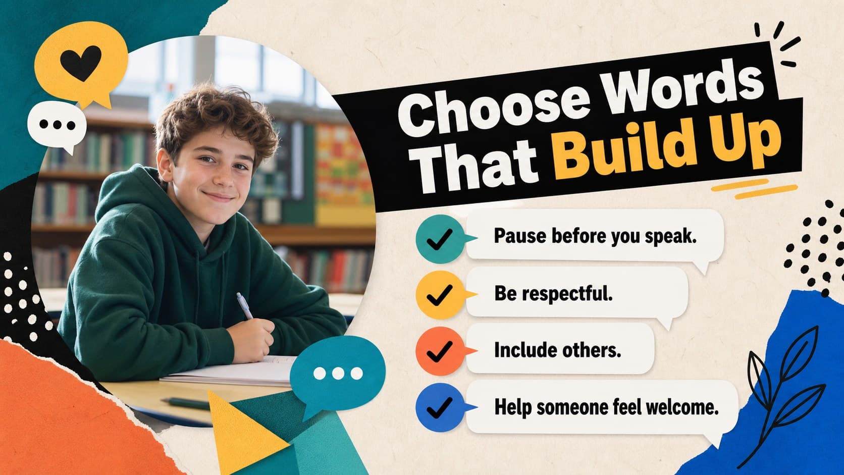 Editable kindness poster encouraging students to choose respectful words and actions at school.