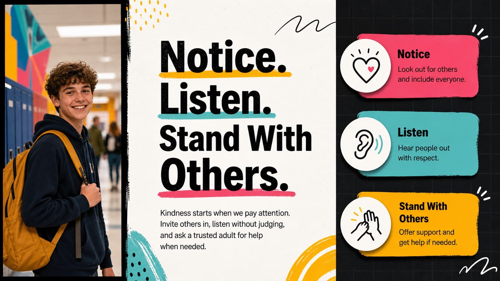 Student empathy poster template with an inclusive message about noticing, listening, and offering support.