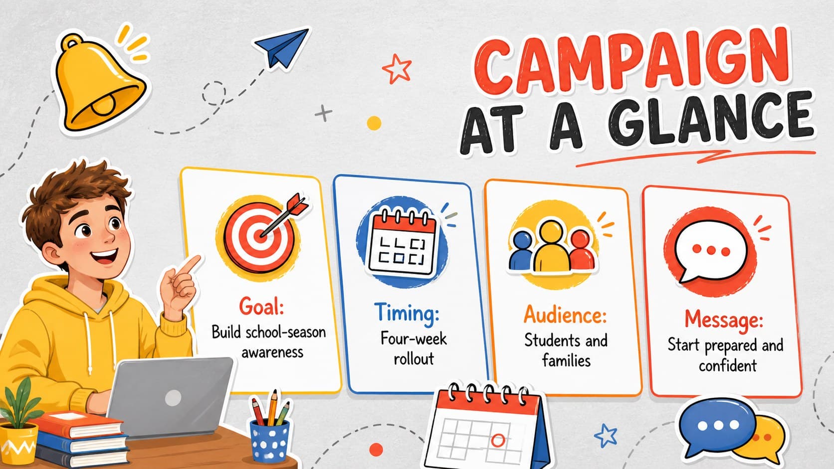 School marketing campaign overview slide presenting goals, timing, audience, and key message.