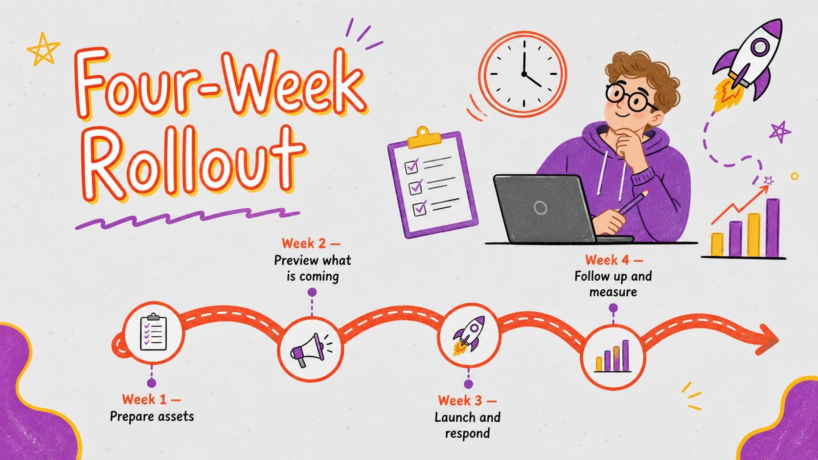 Education program launch campaign timeline covering preparation, preview, launch, and follow-up phases.